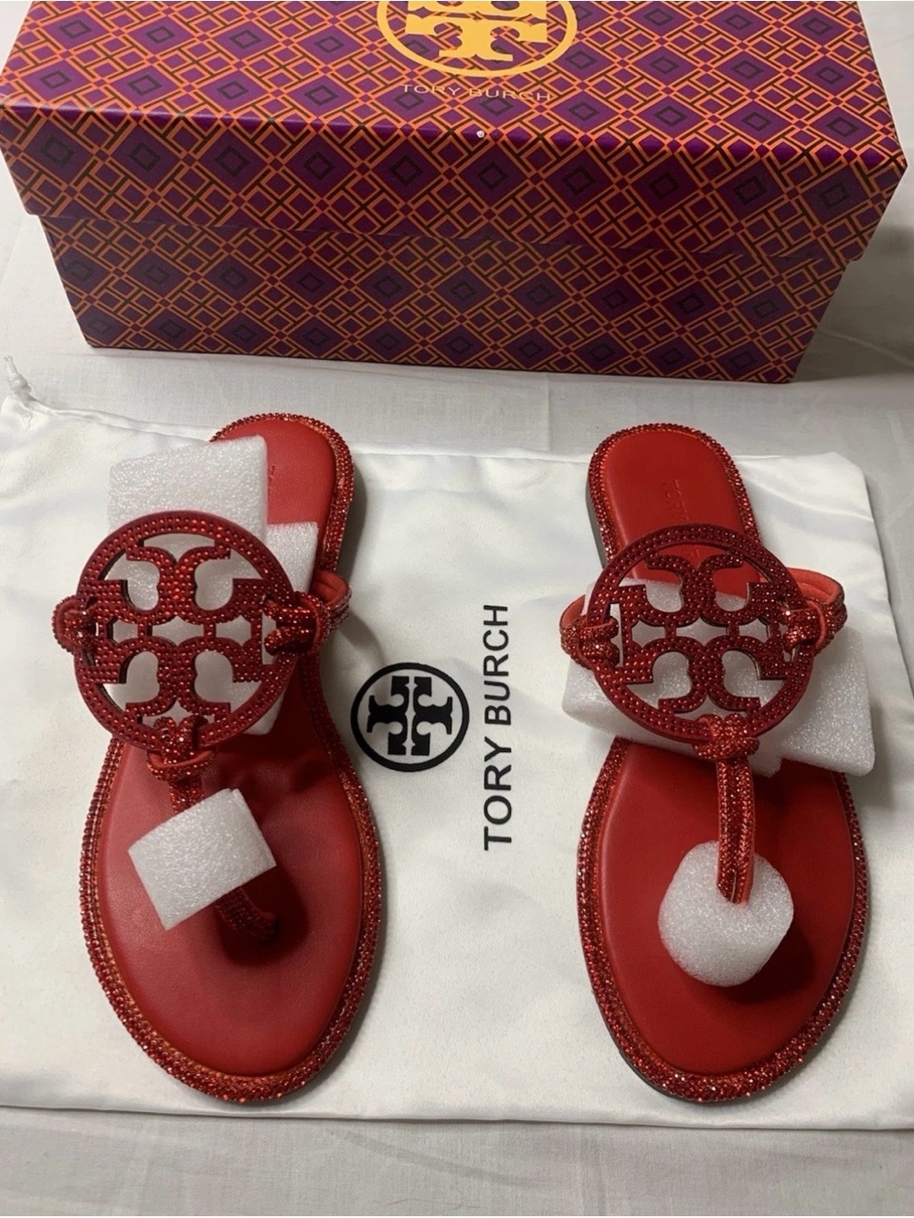 Red Tory Burch Knotted Thong Sandal with Red Embellishments Size 6